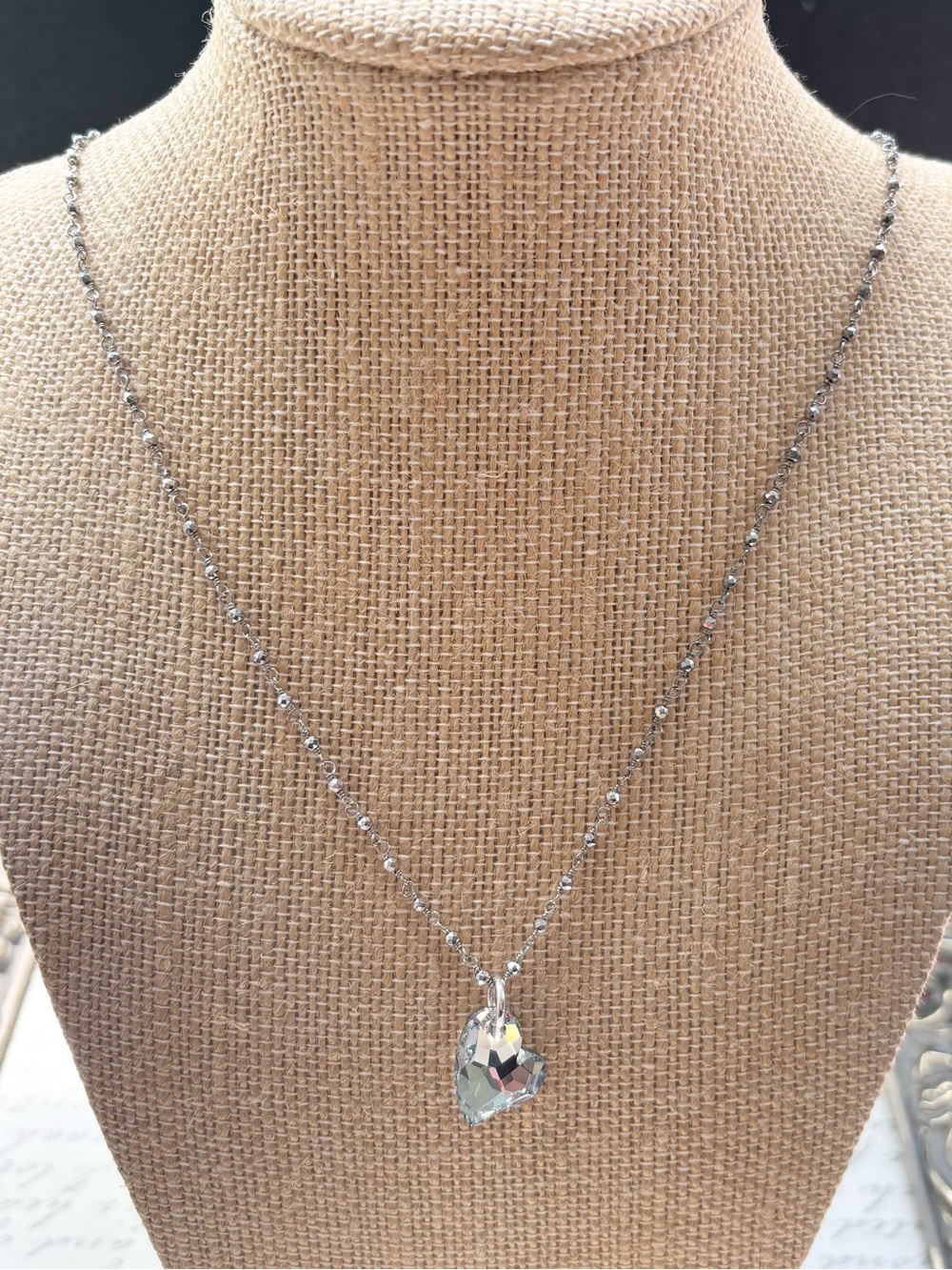 Sterling Silver Swarovski Crystal Heart Pendant Necklace - Hematite bead chain